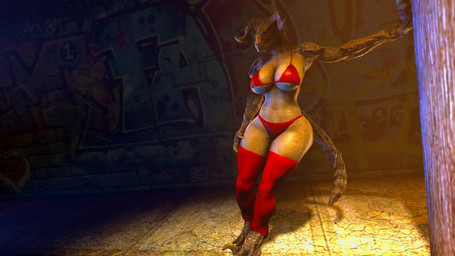 anthro big_breasts bikini breasts brown_body brown_scales claws clothed clothing curvy_figure female graffiti horn legwear navel non-mammal_breasts prostitution scales solo stockings street swimwear thick_thighs two-piece_swimsuit ventral_scales wide_hips kasdaq red-eye_(modeler) fallout microsoft deathclaw monster reptile scalie 16:9 3d_(artwork) digital_media_(artwork) source_filmmaker_(artwork) widescreen