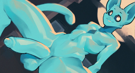 anthro athletic athletic_male balls big_penis blue_body blue_sclera bodily_fluids dutch_angle featureless_chest flaccid foreskin genital_fluids genitals looking_at_viewer male navel no_pupils noseless nude pecs penis precum sitting smile solo spread_legs spreading white_eyes saucymauler kett_(ashleysawsum) domestic_cat felid feline felis ghost mammal spirit 2022 hi_res signature