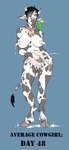 after_transformation anthro bodily_fluids bovid bovine breasts breasts_and_teats cowbell ear_piercing ear_tag female genitals hooves lactating mammal messy milk nipples piercing pussy snout solo tail teats tittydispenser udders what_has_science_done