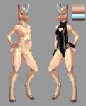 anthro bodysuit breasts clothing collar female genitals horn nude off/on pussy skinsuit small_breasts smile solo standing tight_clothing vinyl adeloo mythology equid equine mammal mythological_creature mythological_equine unicorn hi_res model_sheet shaded soft_shading