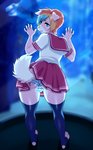 2018 5_fingers against_surface against_wall alaskan_malamute anthro biped blue_eyes bottomwear bulge butt canid canine canis clothed clothing crossdressing digital_media_(artwork) domestic_dog eyeliner femboy fingers fur hair hi_res legwear looking_at_viewer looking_back makeup male mammal multicolored_hair nakota nordic_sled_dog on_glass panties pattern_bottomwear pattern_clothing pattern_panties pattern_underwear pink_body pink_fur school_uniform skirt smile solo spitz standing stockings striped_bottomwear striped_clothing striped_panties striped_underwear stripes teeth thigh_highs underwear uniform viskasunya white_body white_fur