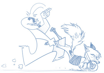 ball_gag bound duo gag gagged rope running straps wheel wheelbarrow oddjuice jungledyret_hugo anonymous rita_(jungledyret) canid canine fox mammal blue_and_white monochrome