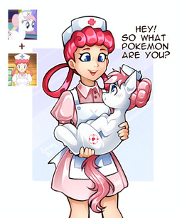 blue_eyes blush clothing cutie_mark duo female feral hair hair_bun hat headgear headwear holding_character nurse_clothing nurse_hat nurse_headwear pink_clothing pink_hair pink_tail red_hair screencap tail text white_body buvanybu friendship_is_magic hasbro my_little_pony nintendo pokemon nurse_joy nurse_redheart_(mlp) earth_pony equid equine horse human mammal pony absurd_res english_text hi_res