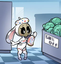 3_toes 4_fingers ambiguous_anthro ambiguous_gender anthro barefoot beret biped black_sclera black_text blue_clothing blue_hat blue_headwear blush blush_lines bone bottomless bread checkered checkered_floor clothed clothed_ambiguous clothed_anthro clothing crop_top detailed_background digitigrade featureless_crotch feet fingers floppy_ears food fur grey_body grey_ears grey_fur grocery_store hat headgear headwear inside legwear lettuce looking_down multicolored_body multicolored_ears multicolored_fur multicolored_hat paws pink_inner_ear plant red_clothing red_hat red_headwear shirt sign skull skull_head solo standing store text thigh_highs toes toony topwear two_tone_body two_tone_ears two_tone_fur vegetable white_body white_clothing white_ears white_eyes white_fur white_hat white_headwear white_legwear white_shirt white_thigh_highs white_topwear yellow_clothing yellow_hat yellow_headwear itsunknownanon wonder_bread waketab_(waketab) lagomorph leporid mammal rabbit 2026 english_text hi_res