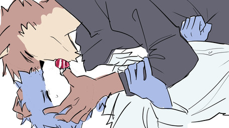anthro arm_grab black_clothing blue_body blue_fur bodily_fluids brown_body brown_fur clothing duo forced forced_kiss fur head_grab kissing male sweat unwanted_touching white_clothing mbek alien_stage dogou_uru rouka_azuma canid canine canis mammal wolf 16:9 hi_res sketch widescreen