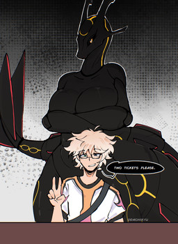 anthro bag black_body black_scales blonde_hair breasts cleavage clothed clothing convenient_censorship covering covering_breasts crossed_arms desk duo eyewear female fin furniture glasses hair heterochromia horn intimidation looking_at_viewer looming male male/female nude pupils red_body red_scales satchel scales size_difference slit_pupils speech_bubble table tail tail_fin text thick_thighs yellow_body yellow_scales demonikyu mythology nintendo pokemon dragon generation_3_pokemon human legendary_pokemon mammal mythological_creature mythological_scalie pokemon_(species) rayquaza scalie shiny_pokemon english_text hi_res