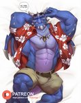 abs aloha_shirt anthro belt biceps blue_body blue_scales bottomwear bulge claws clothing dialogue eyewear eyewear_on_head fangs featureless_chest finger_claws hand_behind_head horn jewelry looking_at_viewer lying male membrane_(anatomy) membranous_wings muscular muscular_anthro muscular_male necklace on_back patreon_logo pattern_clothing pattern_shirt pattern_topwear pecs quads scales scar sharp_teeth shirt shorts solo speech_bubble spikes spikes_(anatomy) sunglasses sunglasses_on_head tail teeth text topwear triceps unbuttoned_shirt wings kusunagi activision mythology patreon spyro_reignited_trilogy spyro_the_dragon bubba_(spyro) rescued_dragons_(spyro) dragon mythological_creature mythological_scalie scalie 2021 english_text hi_res url