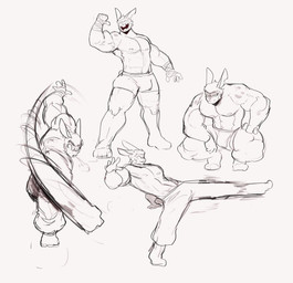 abs anthro arm_wraps biped bulge clothed clothing hair kick male mostly_nude multiple_poses muscular muscular_anthro muscular_male nipples notched_ear open_mouth pose rear_view short_hair short_tail skimpy solo tail underwear wraps peculiart bun_bash jack_(peculiart) hare lagomorph leporid mammal rabbit 2024 absurd_res black_and_white digital_media_(artwork) hi_res monochrome sketch
