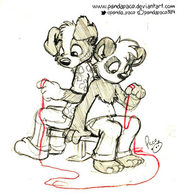 anthro barefoot bottomwear clothed clothing duo feet floppy_ears logo male mouth_closed navel pants shirt sitting t-shirt text topless topwear young young_anthro young_male pandapaco parinton roni_(imroni) bear border_collie canid canine canis collie domestic_dog giant_panda herding_dog mammal pastoral_dog sheepdog 2017 artist_logo partially_colored signature url