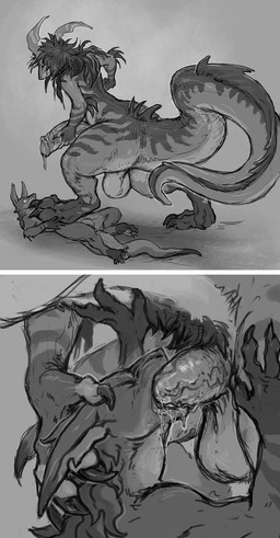 2_panel_comic anthro anthro_on_anthro anthro_penetrated anthro_penetrating anthro_penetrating_anthro backsack balls big_balls big_penis bodily_fluids digitigrade dominant drooling duo extreme_size_difference eyes_closed feet fellatio foot_on_chest forced genitals grey_background head_grab holding_penis horn huge_penis humanoid_genitalia humanoid_penis larger_anthro larger_dom larger_male lying male male/male male_anthro male_penetrated male_penetrating male_penetrating_male neck_bulge nude_anthro nude_male on_back oral pear-shaped_figure penetration penile penis penis_in_mouth rear_view saliva sex shocked simple_background size_difference smaller_anthro smaller_male smaller_penetrated stepped_on surprised thick_thighs wide_eyed wide_hips cryptidbits mythology dragon mythological_creature mythological_scalie scalie hi_res