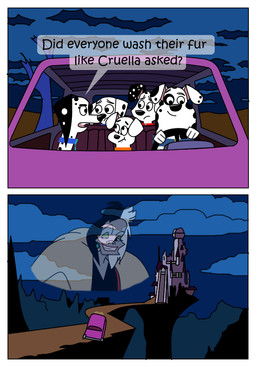 black_spots castle dialogue driving feral fur group parody spots text white_body white_fur superpac13 101_dalmatian_street 101_dalmatians 20th_century_fox disney the_simpsons cruella_de_vil delilah_(101_dalmatians) dolly_(101_dalmatians) dorothy_(101_dalmatians) doug_(101_dalmatians) dylan_(101_dalmatians) canid canine canis dalmatian domestic_dog human mammal comic english_text