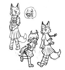 ambiguous_gender anthro asian_clothing blush bottomwear bow_tie braided_hair clothing east_asian_clothing female flower footwear fur hair humanoid_pointy_ears japanese_clothing japanese_school_uniform jogging leg_warmers legwear looking_at_viewer looking_back looking_back_at_viewer male one_leg_on_ground plant pointy_ears school_uniform serafuku shoes shy skirt speech_bubble standing stockings tail uniform white_body white_fur mixia cricket_chen mixy_(mixia) arctic_fox canid canine fox human mammal true_fox graphite_(artwork) hi_res monochrome traditional_media_(artwork) unfinished
