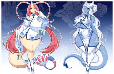 anthro anthrofied asian_clothing big_breasts biped blue_body breasts chinese_clothing chinese_dress clothed clothing dress duo east_asian_clothing eyelashes female footwear hair huge_breasts huge_hips huge_thighs legwear looking_at_viewer pokemorph pupils shoes simple_background standing text thick_thighs thigh_highs three-quarter_view wide_hips vtalna1 nintendo pokemon dragonair generation_1_pokemon generation_3_pokemon milotic pokemon_(species) hi_res