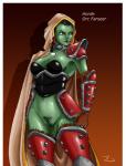 armor blackchain blizzard_entertainment border bottomless breasts clothed clothing english_text female genitals green_body green_skin hair hi_res humanoid not_furry orc portrait pubes pussy rennes solo standing teeth text thick_thighs unconvincing_armor warcraft white_border wide_hips