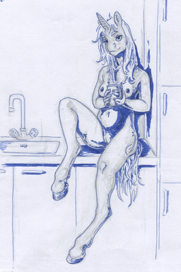 anthro breasts container cup female holding_container holding_cup holding_object hooves nude nude_anthro simple_background sitting solo tail unguligrade adeptus-monitus friendship_is_magic hasbro my_little_pony trixie_(mlp) equid equine horse mammal pony traditional_media_(artwork)