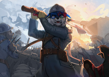 anthro armor biped blood bodily_fluids bottomwear claws clothed clothed_anthro clothed_male clothing faceless_anthro faceless_character fingers front_view fully_clothed fully_clothed_anthro fully_clothed_male fur group gun hair headgear helmet male ranged_weapon rear_view shovel sky standing tank_(vehicle) tears teeth tongue tools topwear vehicle war weapon world_war_1 cocoline_(artist) canid canine fox mammal 2026 absurd_res digital_drawing_(artwork) digital_media_(artwork) hi_res huge_filesize