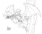 arrow_(weapon) bow_(weapon) clothed clothing leather quiver_(object) ranged_weapon solo tongue tongue_out weapon wings boo3 pylt gargoyle 5:4 black_and_white hi_res line_art monochrome