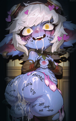 anthro areola balls big_butt biped blue_body bodily_fluids breasts butt crossgender cum erect_nipples eyelashes genital_fluids genitals gynomorph intersex like looking_at_viewer looking_back nipples penis pupils small_breasts smile solo text thick_thighs reagan_long league_of_legends riot_games tencent tristana_(lol) yordle hi_res