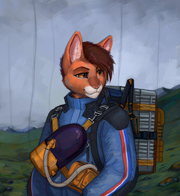 anthro backpack blue_clothing blue_jacket blue_topwear brown_body brown_eyes brown_fur brown_hair clothing day fur grass hair jacket looking_aside male outside plant smile solo topwear mortarionlordofdeath death_stranding domestic_cat felid feline felis mammal 2022 digital_media_(artwork) hi_res