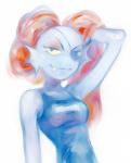 anthro blue_body blue_skin clothed clothing eye_patch eyewear female hair long_hair raised_arm red_hair shirt simple_background solo tank_top topwear jamjyamoon undertale undertale_(series) undyne fish marine portrait three-quarter_portrait