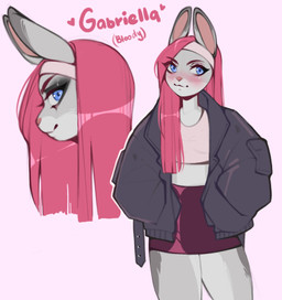 anthro biped blue_eyes blush bottomwear clothed clothing countershade_face countershade_fur countershade_torso countershading eyebrows eyelashes female fully_clothed fur grey_body grey_fur hair jacket long_hair looking_at_viewer pink_hair pink_inner_ear pink_nose simple_background skirt solo standing sweatband topwear iivochka gabriella_(iivochka) hare lagomorph leporid mammal 2022 digital_media_(artwork) hi_res shaded