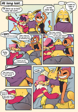 ambiguous_gender anthro bed bottomwear breasts clothing dialogue ear_piercing ear_ring eyes_closed female fire flaming_tail furniture grin grope groping_chest groping_crotch group hand_in_shirt hand_in_shorts lying male on_back piercing pillow pouting raised_hand ring_piercing scarf shirt shorts smile sound_effects speech_bubble tail teasing text topwear trio eclairscollection nintendo pokemon eeveelution generation_1_pokemon generation_4_pokemon generation_5_pokemon jolteon monferno pokemon_(species) scrafty shiny_pokemon comic english_text hi_res