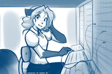 anthro breasts chair clothed clothing detailed_background earpiece_microphone electronics female fur furniture gloves_(marking) hair headgear headphones headset holding_object inside landline_phone looking_at_viewer markings open_mouth open_smile phone sitting smile solo tail wire conditional_dnp tom_fischbach twokinds laura_(twokinds) canid canine canis fox keidran mammal red_fox true_fox 2023 adobe_photoshop_(artwork) blue_and_white colored_line_art digital_media_(artwork) hi_res monochrome shaded shaded_line_art sketch
