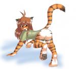 2005 adobe_photoshop_(artwork) anthro ass_up biped blush bottomless breasts brown_hair butt claws clothed clothing colored conditional_dnp countershading digital_media_(artwork) digitigrade featureless_crotch felid female flora_(twokinds) fur hair keidran looking_back mammal multicolored_body multicolored_fur one_leg_up orange_body orange_fur pantherine pawpads paws presenting presenting_hindquarters raised_leg raised_tail shirt solo striped_body striped_fur stripes tail tiger tom_fischbach topwear twokinds white_body white_fur yellow_eyes