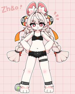 anthro bar_emanata bow_bra bra cat_smile clothing ear_piercing emanata female flat_chested frilly frilly_bra frilly_clothing frilly_panties frilly_underwear fur fur_tuft hair hands_on_hips inner_ear_fluff kemono long_pigtails orange_bow panties piercing pigtails pink_body pink_fur pink_hair pose print_clothing print_panties print_underwear rabbit_print_panties red_eyes solo text thigh_strap tuft underwear young potatobud3 mihoyo zenless_zone_zero zhao lagomorph leporid mammal rabbit thiren character_name full-length_portrait hi_res portrait