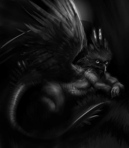 ambiguous_gender anthro beak biped butt dark feathered_wings feathers feet grass looking_at_viewer lying plant solo tail talons toes wings gryf mythology avian gryphon mythological_avian mythological_creature dark_theme greyscale monochrome
