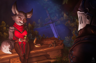 anthro blush clothing duo female male zatoart blizzard_entertainment warcraft canid canine human mammal vulpera 3d_(artwork) absurd_res digital_media_(artwork) hi_res
