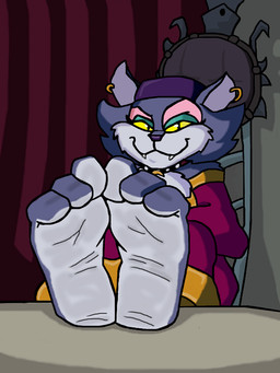 3_toes anthro barefoot chair cheek_tuft closed_smile clothing collar ear_piercing ear_ring eyeshadow facial_tuft fangs feet female foot_fetish foot_focus foot_on_table fur fur_tuft furniture grey_body grey_fur headgear headwear lightened_soles looking_at_viewer makeup mouth_closed multicolored_body multicolored_fur on_chair piercing purple_clothing purple_headwear purple_nose ring_piercing sitting sitting_on_chair smile soles solo table teeth toes tuft white_body white_fur wrinkled_feet wrinkles yellow_sclera red2870 nelvana toonstruck ms._fortune_(toonstruck) domestic_cat felid feline felis mammal 3:4