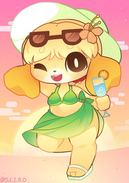 anthro bikini bikini_top breasts clothing female glass looking_at_viewer one_eye_closed smile solo sun swimwear two-piece_swimsuit wink winking_at_viewer stitcheddolls animal_crossing nintendo isabelle_(animal_crossing) canid canine canis domestic_dog mammal 2020 hi_res signature