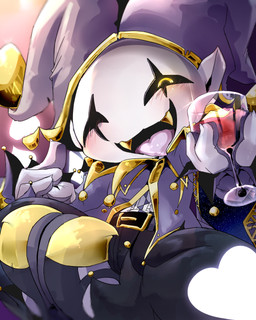 beverage blush clothed clothing fangs looking_at_viewer not_furry open_mouth solo teeth tongue tongue_out borushi deltarune undertale_(series) jevil_(deltarune) darkner humanoid imp 2018 4:5 hi_res
