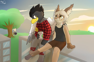 anthro beak day detailed_background feathered_wings feathers group male outside sky smile sun wings vensicle avian bird felid feline lynx mammal 2020 absurd_res digital_media_(artwork) hi_res