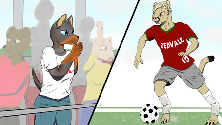 anthro ball being_watched clothing duo looking_at_another male soccer soccer_ball soccer_uniform sport sportswear tail tail_motion tailwag uniform otterwolfashe chase_(otterwolfashe) daniel_(otterwolfashe) canid canine canis cougar dobermann domestic_dog felid feline mammal pinscher 16:9 4k absurd_res hi_res widescreen