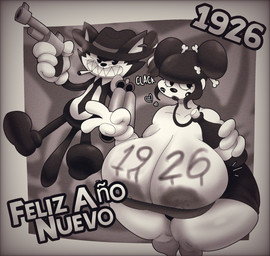 anthro big_breasts bottle breasts clothing container dress duo female gloves gun handwear hat headgear headwear holidays huge_breasts male ranged_weapon smile text weapon crowundeadcat new_year crow_(thedeathcrow) domestic_cat felid feline felis human mammal hi_res monochrome spanish_text