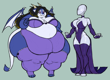 anthro belly belly_overhang black_hair bra breasts chubby_cheeks clothing curvy_figure female hair hand_on_belly long_hair mannequin morbidly_obese multicolored_hair obese overweight overweight_female regret solo spade_tail tail thick_thighs two_tone_hair underwear voluptuous wings thetunafish mythology swissy dragon mythological_creature mythological_scalie scalie absurd_res hi_res