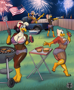 5_fingers alcohol american_flag american_flag_bikini anthro beer beverage big_breasts bikini bikini_strap bikini_top blue_eyes bottomwear breasts brown_body brown_eyes brown_feathers burger butt claws clothed clothed_anthro clothed_female clothing daisy_dukes denim denim_bottomwear denim_clothing denim_shorts feathers female fingers fireworks flag_bikini flag_swimwear food fur grill group gun hair handgun hat headgear headwear holding_beverage holding_gun holding_handgun holding_object holding_ranged_weapon holding_revolver holding_weapon holidays hot_dog hotpants humanoid_hands light_truck multicolored_body multicolored_fur night non-mammal_breasts open_mouth open_smile pickup_truck pistol ponytail ranged_weapon revolver shooting shooting_gun shorts smile spatula standing swimwear toe_claws tools truck two-piece_swimsuit two_tone_body two_tone_fur united_states_of_america vehicle weapon white_body white_feathers white_hair mlock 4th_of_july accipitrid accipitriform avian bald_eagle bird eagle sea_eagle 2025 hi_res