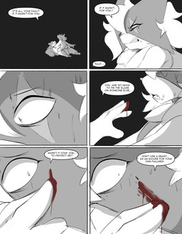 anthro asphyxiation blood blood_on_face blood_on_hand bodily_fluids choking close-up dialogue duo female male on_top reaching reaching_out scared smeared_blood strangling sweat sweatdrop tears text spicykiwi nintendo pokemon thomas_(spicykiwi) tulip_(spicykiwi) generation_9_pokemon human mammal meowscarada pokemon_(species) absurd_res comic english_text hi_res monochrome story
