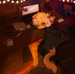 anthro bedroom big_ears big_tail blonde_hair bodily_fluids brown_body brown_fur chair computer desk drooling electronics eyes_closed femboy fur furniture hair head_down headphones inside lights male office_chair phone plant post-it_note saliva sitting sleeping solo table tail tired unknown_artist lucaowoo caracal caracal_(genus) felid feline mammal wallpaper