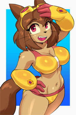 anthro big_breasts bikini black_nose breasts brown_hair brown_tail cleavage clothed clothing eyebrow_through_hair eyebrows eyelashes eyewear eyewear_on_head female fur goggles goggles_on_head hair hand_on_hip legs_together looking_at_viewer midriff navel open_mouth open_smile pink_eyes short_hair smile solo standing swimwear tail tan_body tan_fur teeth tongue translucent translucent_hair two-piece_swimsuit yellow_bikini yellow_clothing yellow_swimwear koduraz gameoverse glitch_productions kit_bodega domestic_cat felid feline felis mammal 2026 2:3 absurd_res hi_res