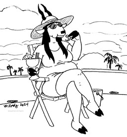 anthro breasts bucket chair clothing container cup eating eyewear female fingers food fur furniture hair hat headgear headwear hooved_fingers hooves horn palm_tree plant sitting slightly_chubby slightly_chubby_female solo sun_hat sunglasses tree tegerio miss_thompson_(tegerio) antelope bovid gazelle mammal 2024 black_and_white hi_res monochrome