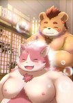 anthro brown_body cute_fangs duo ear_piercing ear_ring eyes_closed fangs fur kemono male moobs nipples open_mouth overweight overweight_male piercing pink_body pink_fur ring_piercing smile teeth white_body white_fur young kay_46_nrb tamacolle bungo_(tamacolle) oosumi_(tamacolle) bear domestic_cat felid feline felis mammal 2024