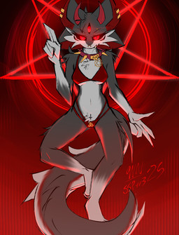 4_ears 5_eyes anthro as_above_so_below_pose bikini black_sclera breasts brimstone_symbol chest_tuft clothed clothing collar cross crotch_tuft ear_piercing facial_piercing fangs female front_view gold_piercing gold_septum_ring horn inverted_cross inverted_pentacle leviathan_cross looking_at_viewer multi_ear multi_eye nose_piercing nose_ring occult_symbol oversized_collar pentacle piercing raised_arm red_eyes red_lighting ring_piercing satanic septum_piercing septum_ring solo spiked_collar spikes swimwear symbol tail teeth tuft two-piece_swimsuit vytelux worthlessnarcissist canid mammal hi_res