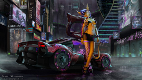 anthro breasts car city clothed clothing cyberpunk female future nipple_outline skimpy solo sports_car undercut vehicle hnz cd_projekt_red cyberpunk_2077 domestic_cat felid feline felis hybrid lagomorph leporid mammal rabbit 16:9 2019 digital_media_(artwork) widescreen
