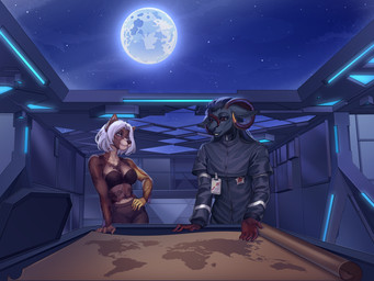 anthro black_body black_fur black_hair brown_eyes clothing duo female fur futuristic grey_eyes hair horn male male/female map moon robotic_arm sky star starry_sky white_hair drkot bovid canid canine canis caprine mammal sheep wolf 2026 4:3 absurd_res digital_media_(artwork) hi_res