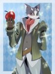 anthro apple biped blush clothed clothing food fruit half-closed_eyes looking_at_viewer male narrowed_eyes pink_nose plant simple_background solo standing sssonic2 log_horizon nyanta domestic_cat felid feline felis mammal 2014 digital_media_(artwork) hi_res