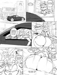 anthro big_butt bubble_butt butt dialogue drive-thru duo huge_butt male male/male public text ultimateshadow mcdonald's nissan_gtr sega sonic_the_hedgehog_(series) miles_prower shadow_the_hedgehog canid canine eulipotyphlan fox hedgehog mammal absurd_res comic english_text hi_res monochrome