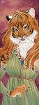 anthro blue_eyes claws clothed clothing dress female fur hair long_hair looking_at_viewer open_mouth smile solo striped_body striped_fur stripes whiskers nekoart felid mammal pantherine tiger traditional_media_(artwork)